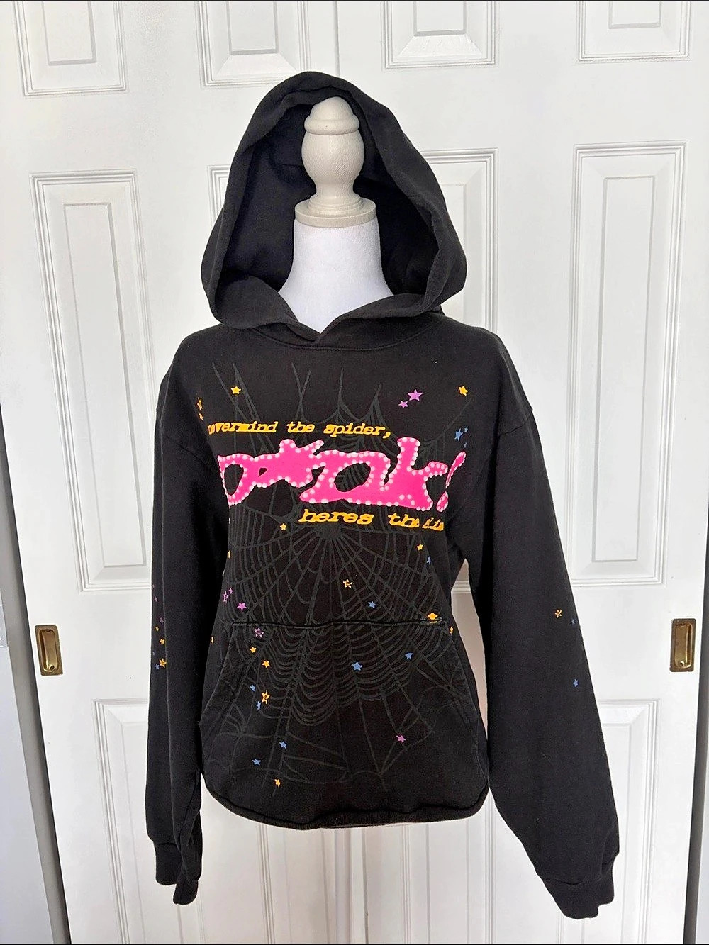 Sp5der “P*nk!”Graphic Hoodie Black & Pink in Size Small